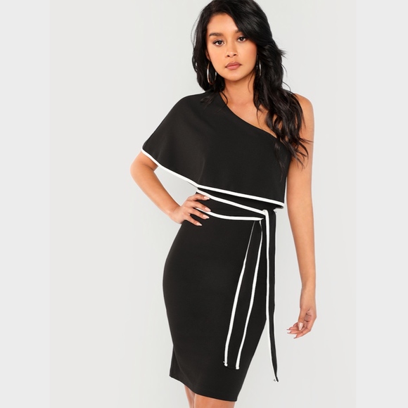 Contrast Tie Belt Flounce One Shoulder Dress - Picture 2 of 8